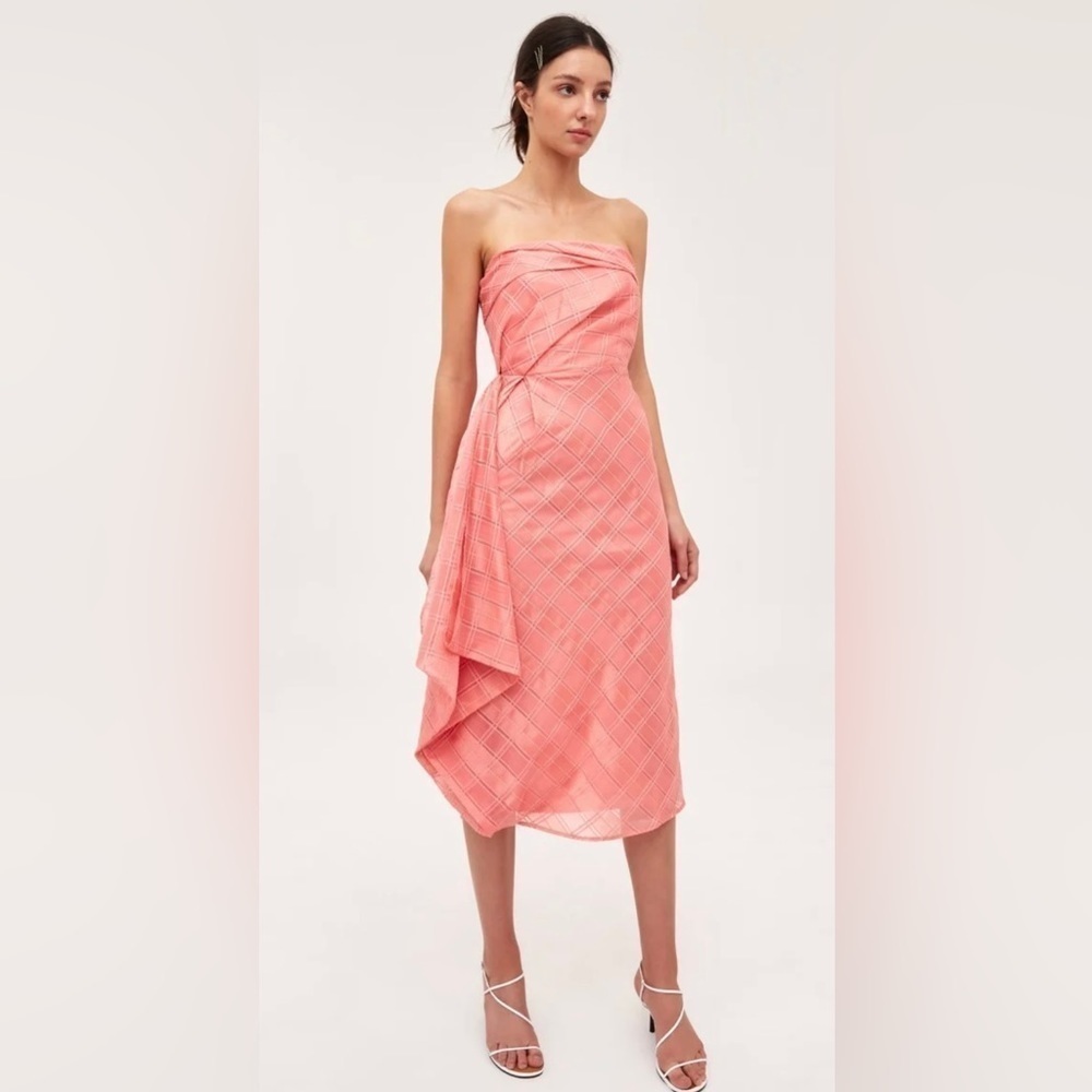C/MEO COLLECTIVE SAME THINGS MIDI STRAPLESS DRAPED COCKTAIL DRESS CORAL CHECK